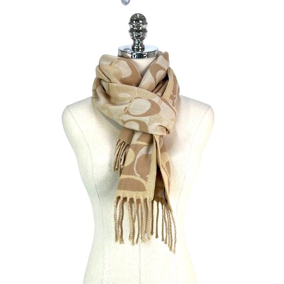Coach Signature C Logo Scarf Neutral Ivory Woven Merino Wool - Picture 1 of 6